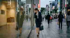 ガラスに映る姿勢を気にしている画像