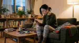  すまほ操作しながら首が痛む女性